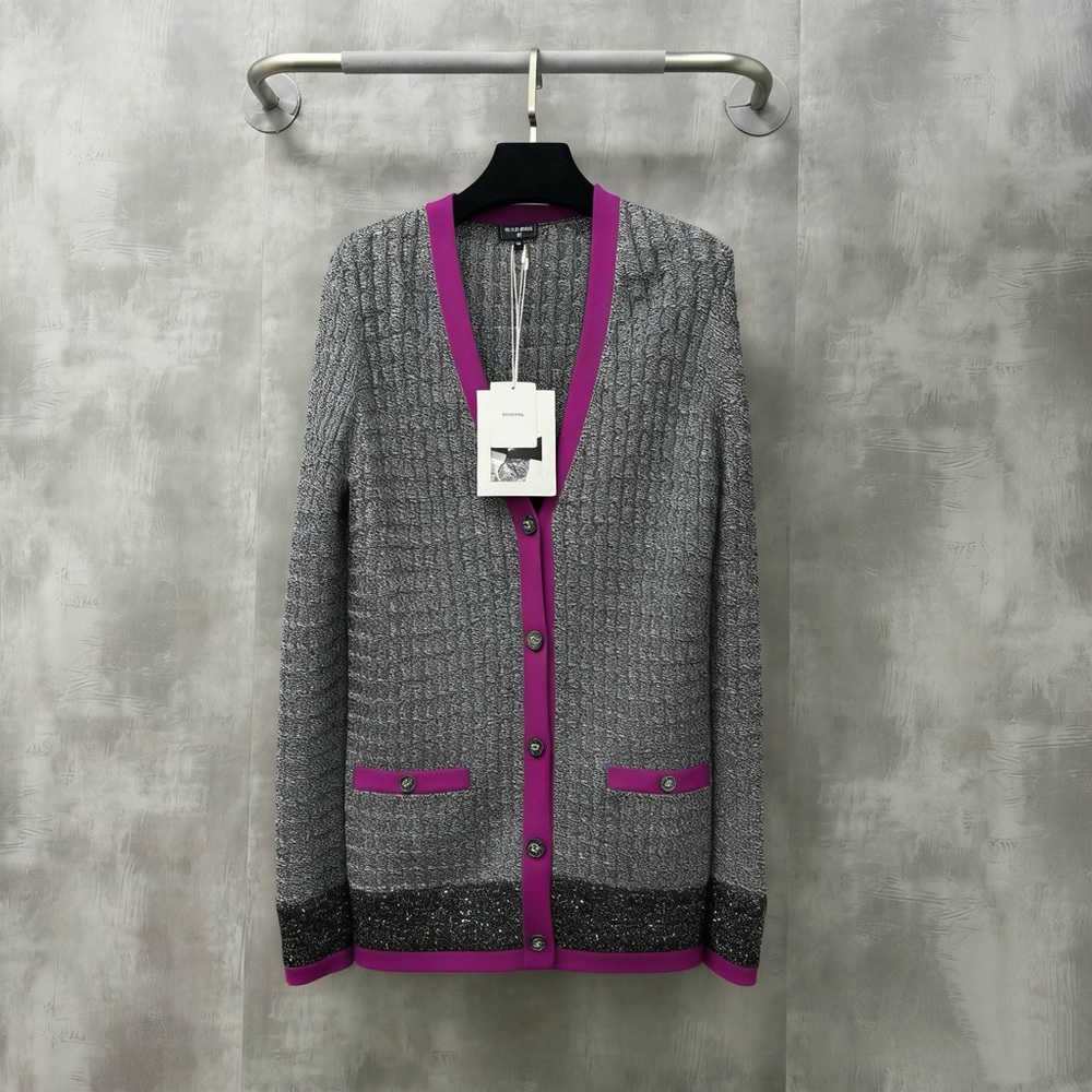 Authentic CHANEL Gray Cardigan with Pink Trim